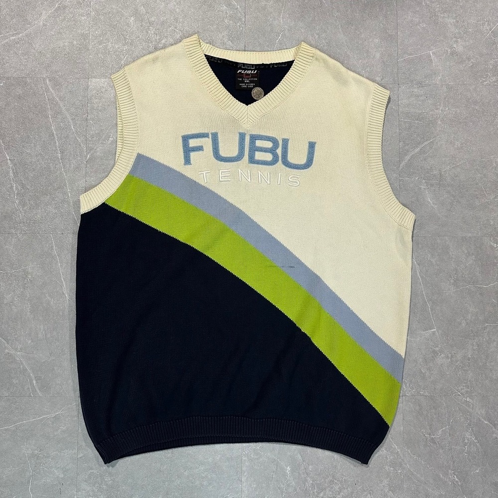 Vintage FUBU Tennis Sweater Vest Mens XXL Colorblock V-Neck Knit Navy Cream 3929